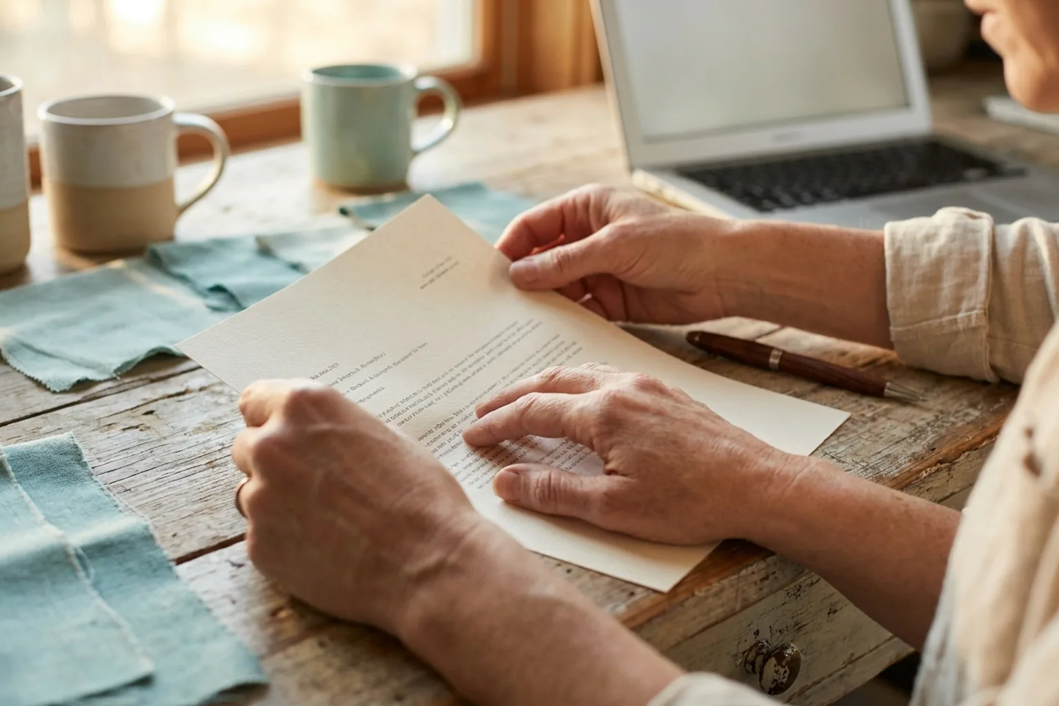 Un professionnel relit un document à son bureau
